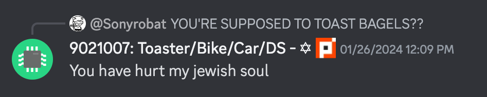 screenshot of discord message "You have hurt my jewish soul"