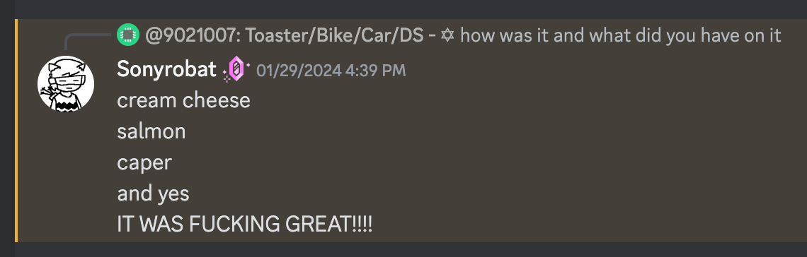 screenshot of discord message, "cream cheese salmon caper and yes IT WAS FUCKING GREAT!!!!"