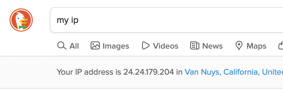 screenshot of DuckDuckGo, "Your IP address is 24.24.179.204 in Van Nuys, California"