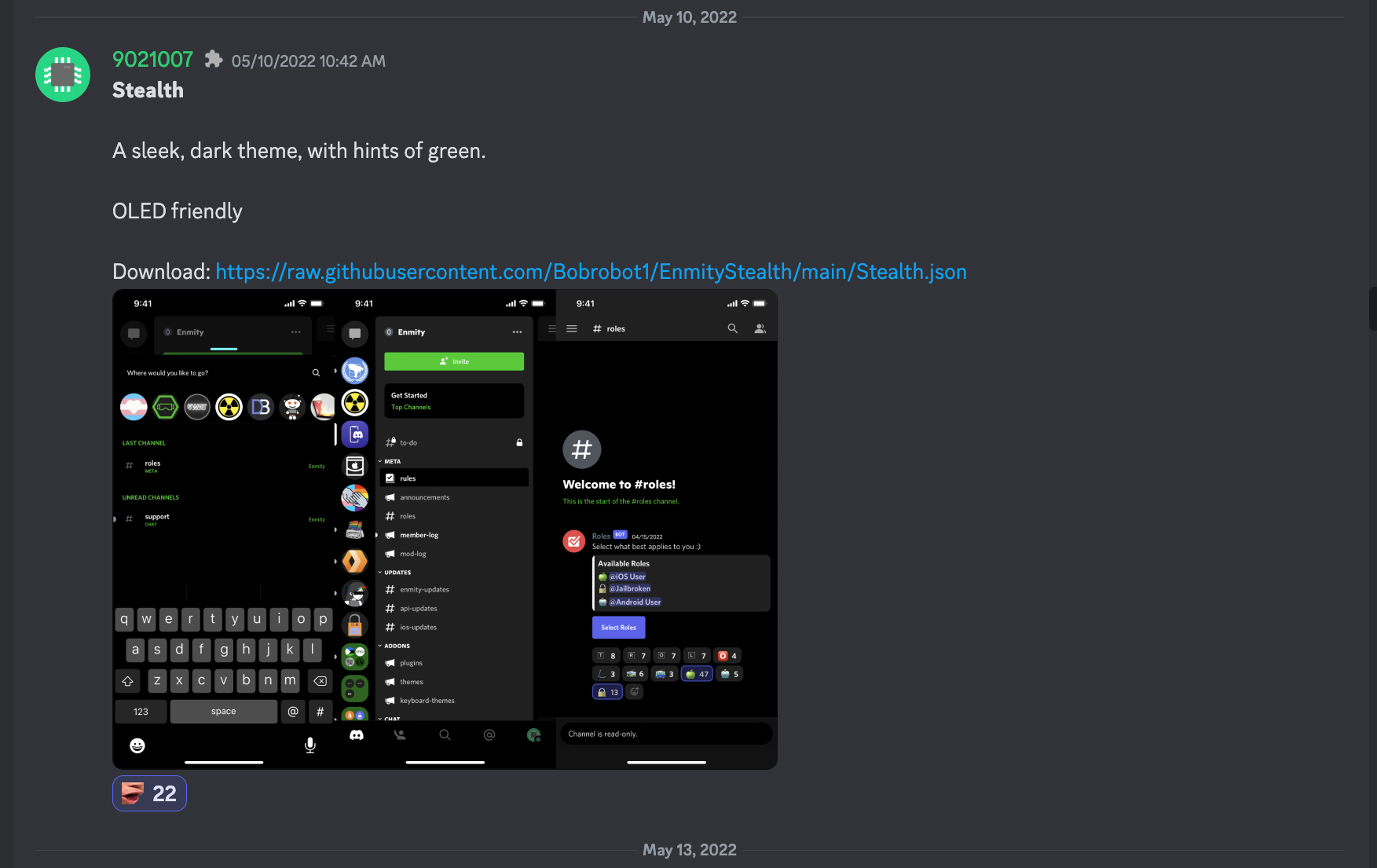 screenshot of a message in the Enmity Discord server, "Stealth  A sleek, dark theme, with hints of green.  OLED friendly". The message has 3 attachments, which are screenshots of the theme. The message was sent 05/10/2022