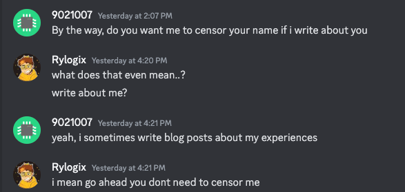 Screenshot of discord, "i mean go ahead you dont need to censor me"