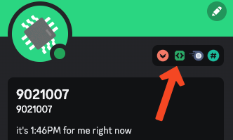screenshot of discord profile, with an orange arrow pointing to the Active Developer badge.