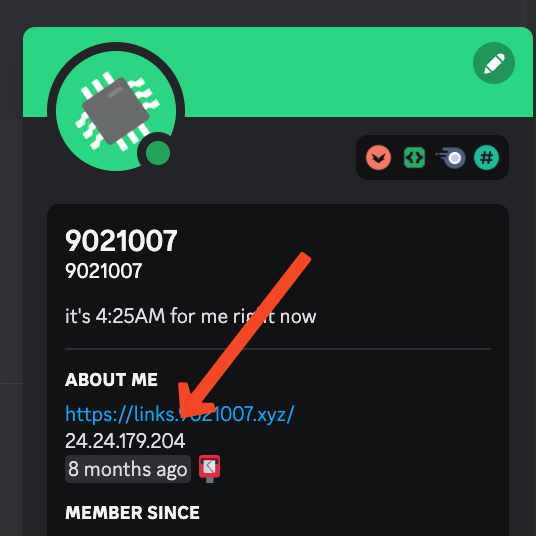 screenshot of discord profile, with orange arrow pointing to a line in the about me section, specifically the text "24.24.128.204".