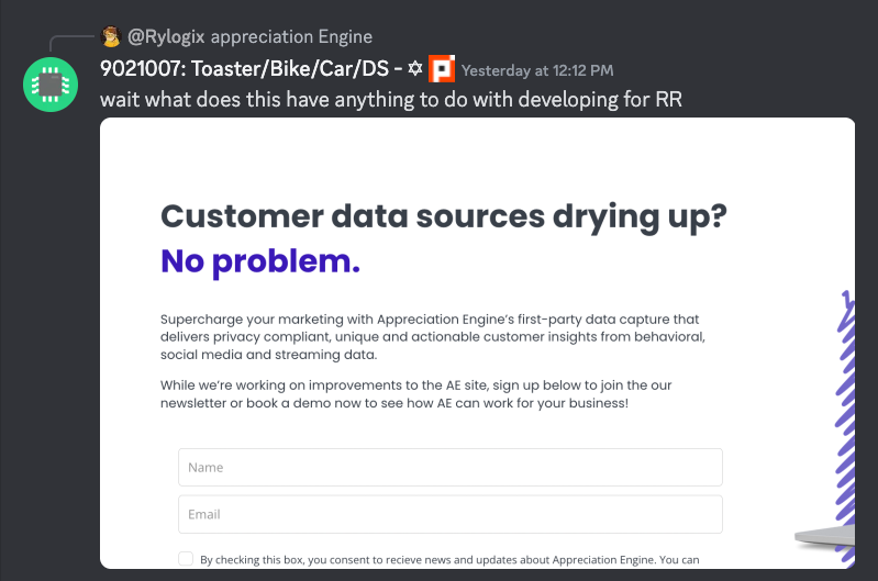 screenshot of discord, "wait what does this have anything to do with developing for RR"