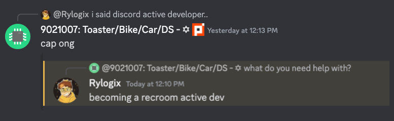 screenshot of discord, "cap ong". The message has attached as an image, a screnshot of "becoming a recroom active dev"