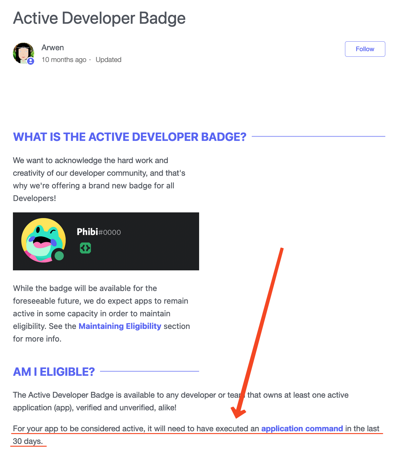 screenshot of discord support article, with orange arrow and underline pointing out "For your app to be considered active, it will need to have executed an application command in the last 30 days."