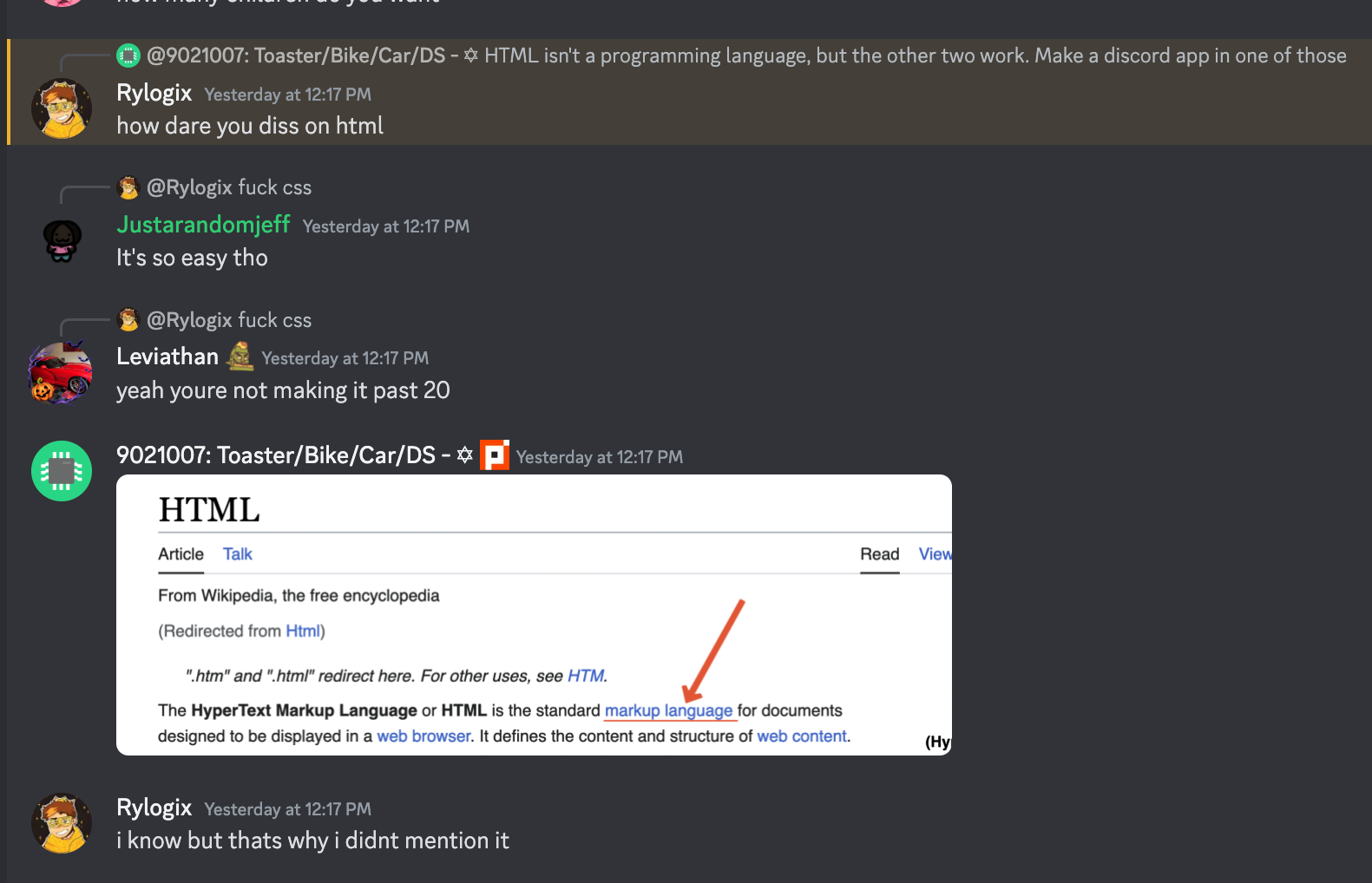 screenshot of discord messages, where just below saying he knew HTML as a programming language, the person said they didn't mention it