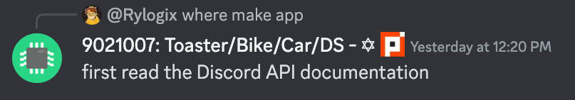 screenshot of discord, "first read the Discord API documentation"