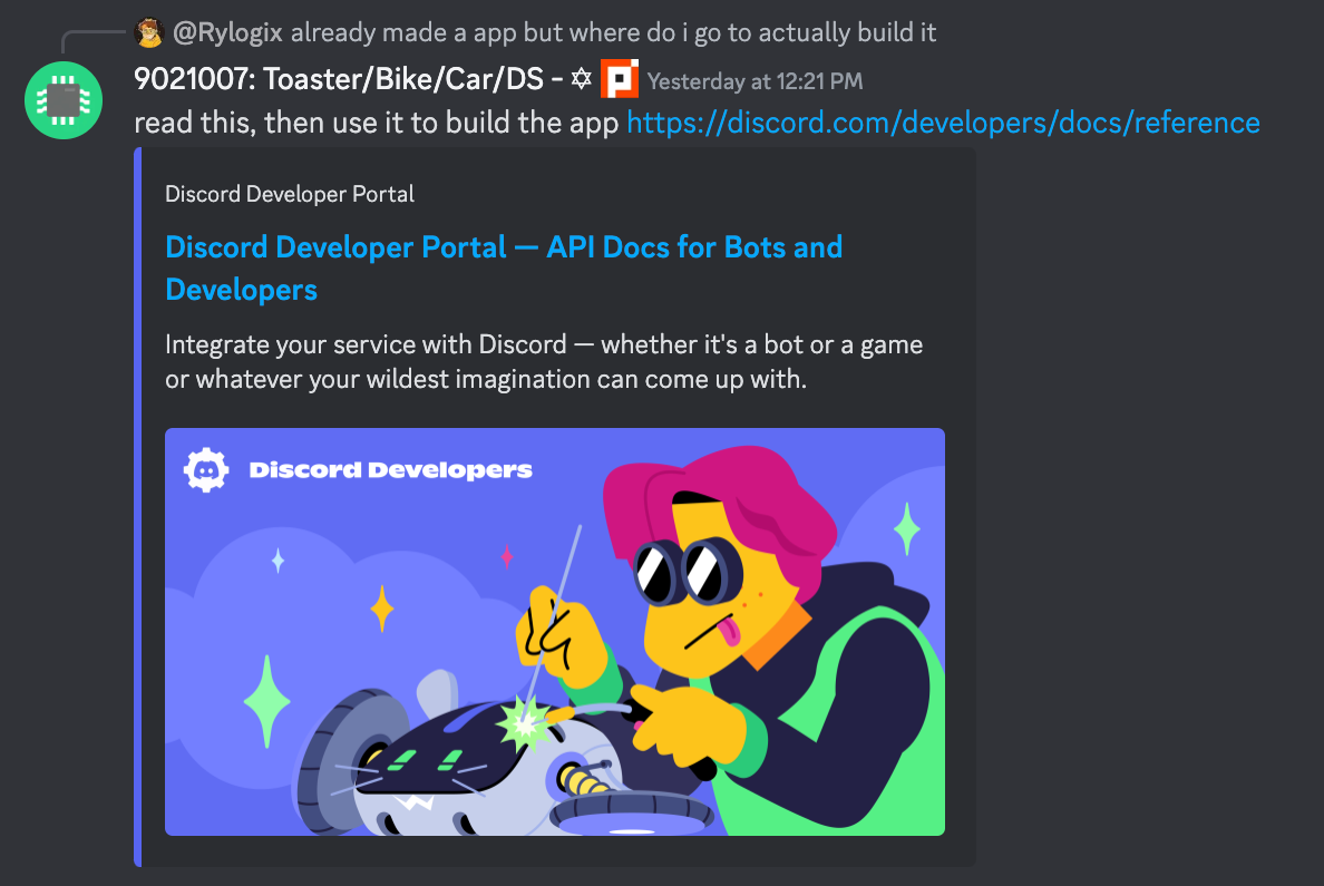 screenshot of discord, "read this, then use it to build the app https://discord.com/developers/docs/reference"