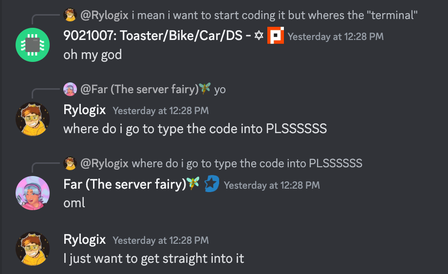 various discord messages, "oh my god", "where do i go to type the code into PLSSSSSS", "oml", "I just want to get straight into it"