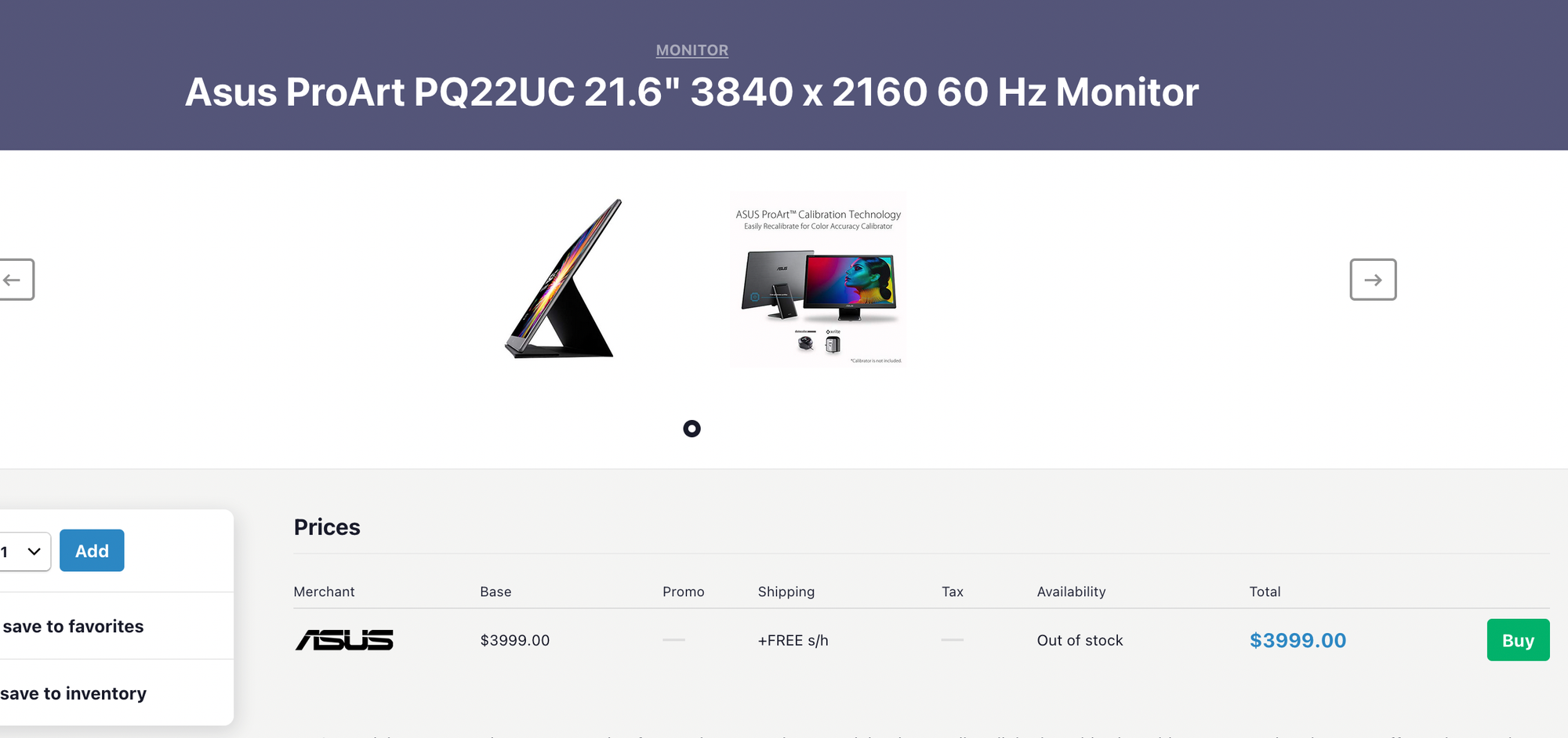 screenshot of product page, Asus ProArt PQ22UC 21.6" 3840 x 2160 60 Hz Monitor, Out of stock, $3999