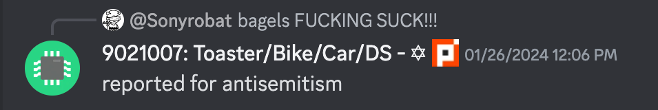 discord screenshot of message "reported for antisemitism"