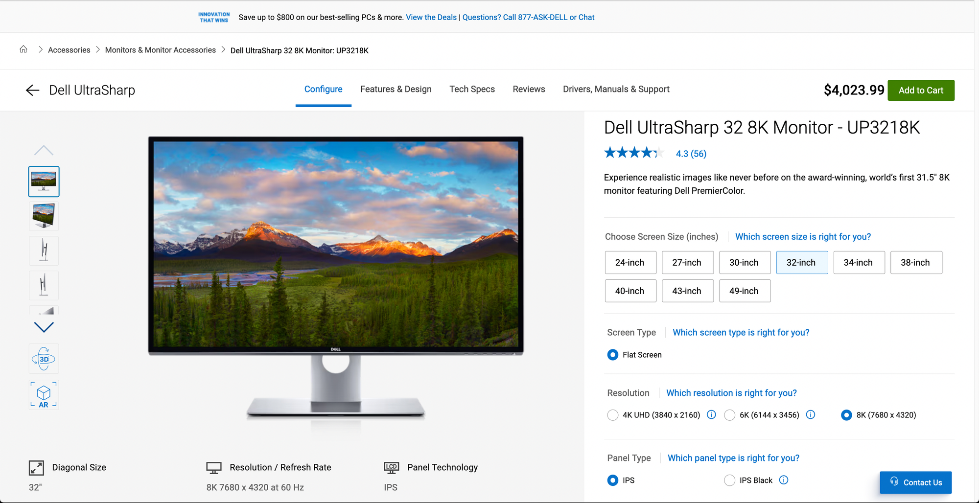screenshot of Dell website product page, Dell UltraSharp 32 8K Monitor - UP3218K, $4023.99