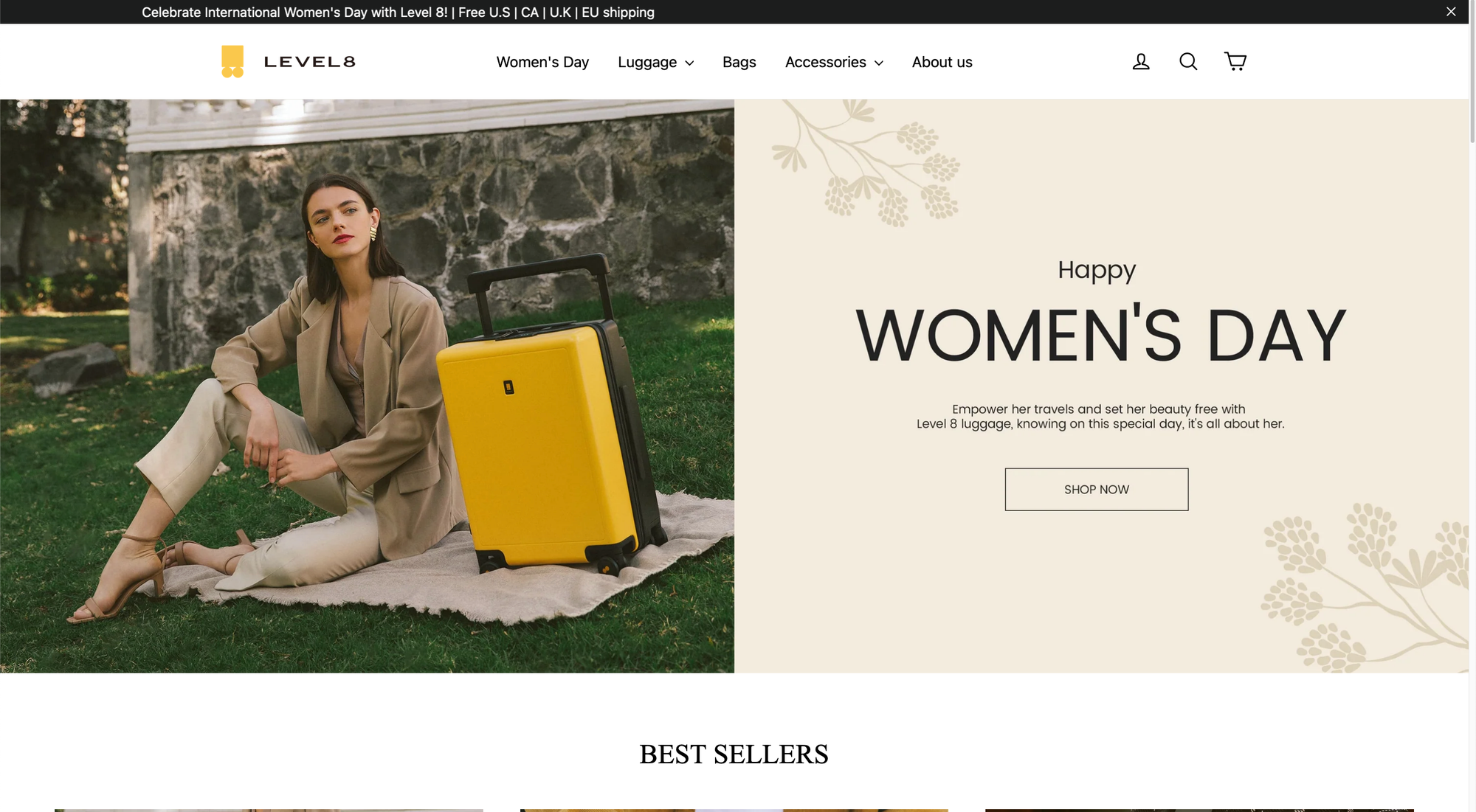 screenshot of level8bags.com, "Happy WOMEN'S DAY Empower her travels and set her beauty free with Level 8 luggage, knowing on this special day, it's all about her."