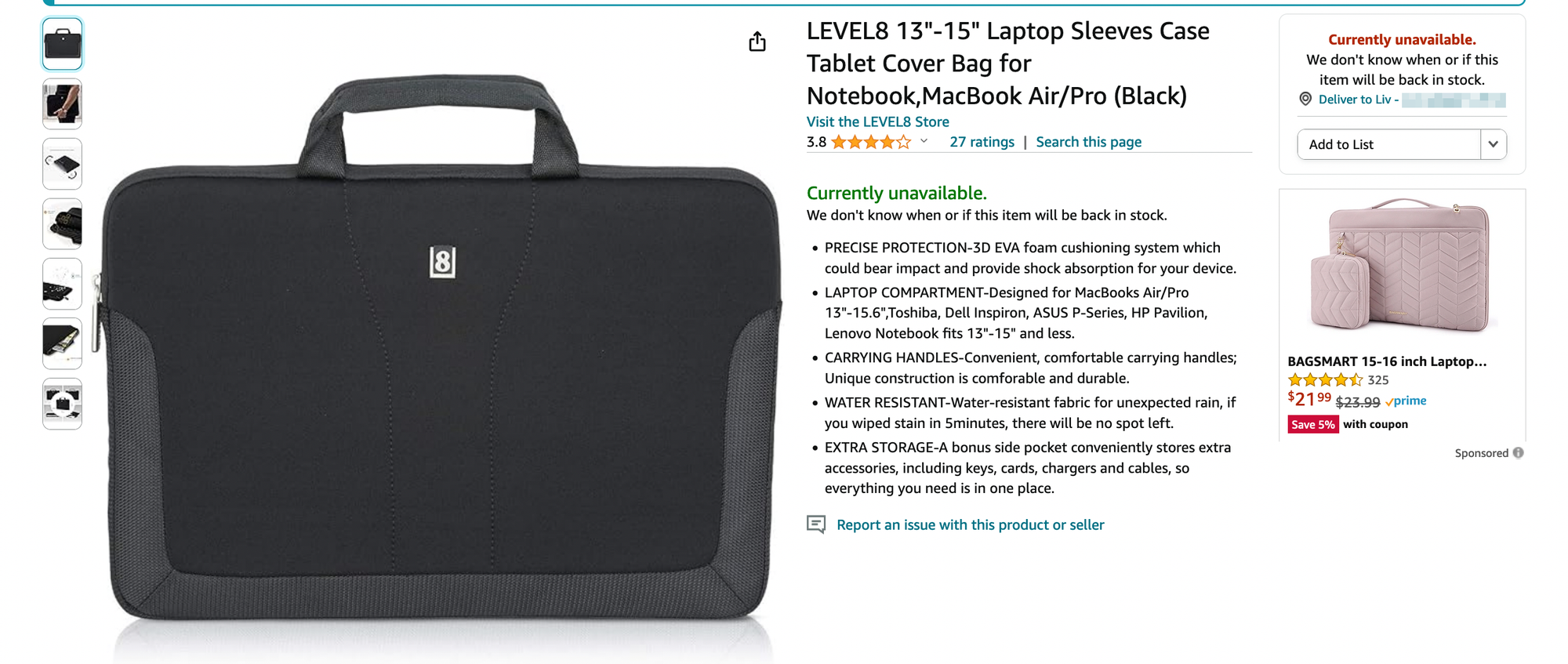 screenshot of Amazon, "LEVEL8 13"-15" Laptop Sleeves Case Tablet Cover Bag for Notebook, MacBook Air/Pro (Black), Currently unavailable."
