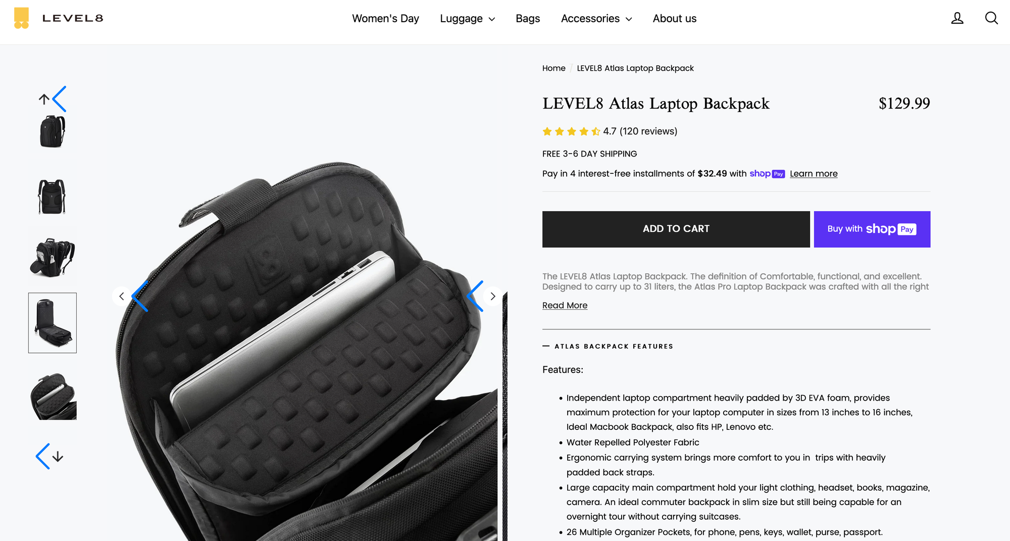 screenshot of LEVEL8 Atlas Laptop Backpack product page, showing padding of laptop pocket