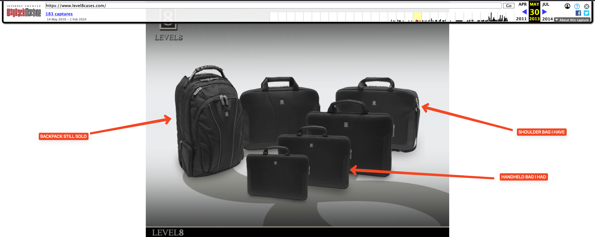 screenshot of the wayback machine, level8cases.com on 2013/5/30. Arrows point to the shoulder bag I have, the handbag I used to have, and the backpack still sold.