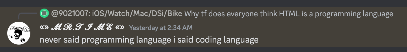 mr.time says "never said programming language i said coding language"