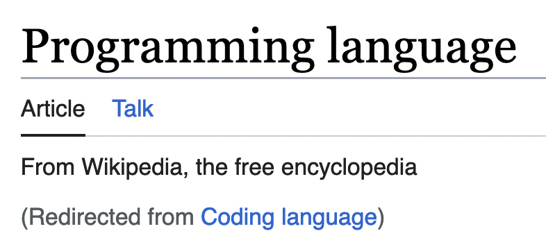 screenshot of Wikipedia in which it redirects from Coding language to programing language