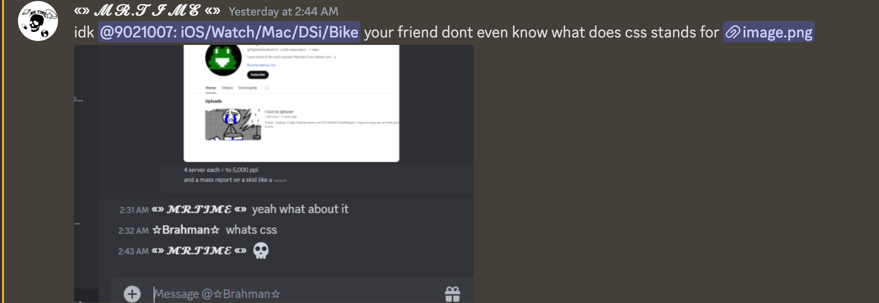 mr.time says "idk 9201007 your friend dont even know what css stands for", attached image which is screenshot of DM with person saying "whats CSS"