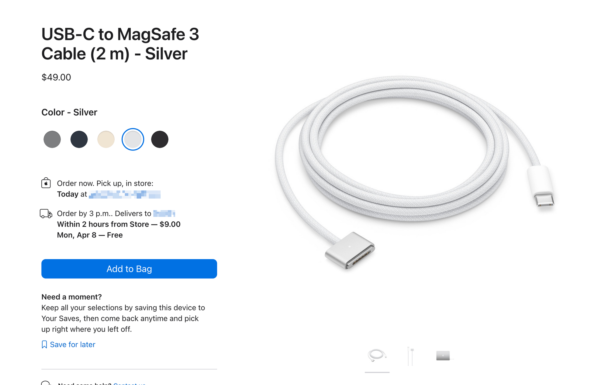 screenshot of apple store product page, USB-C to MagSafe 3 Cable (2 m) - Silver $49.00 Color - Silver
