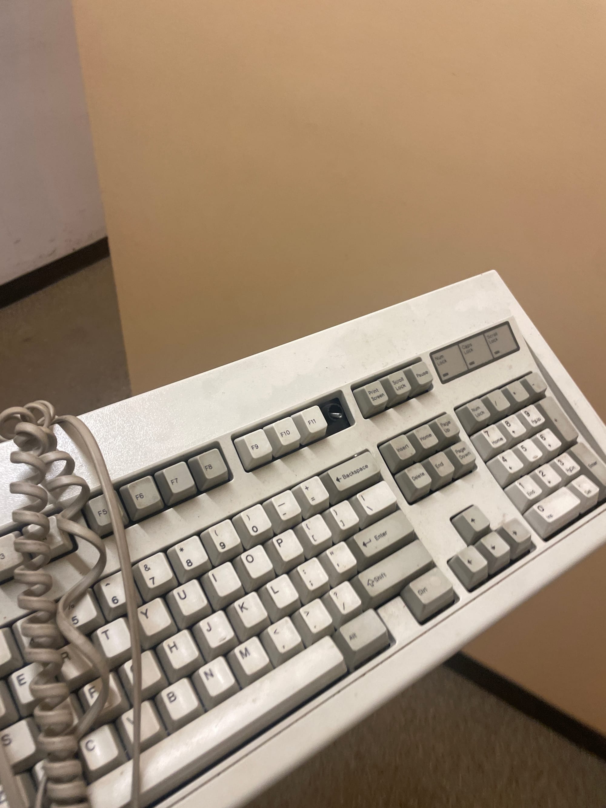 Dirty keyboard held close to camera, right half of keyboard visible, F12 keycap missing. White keyboard with some keys gray.