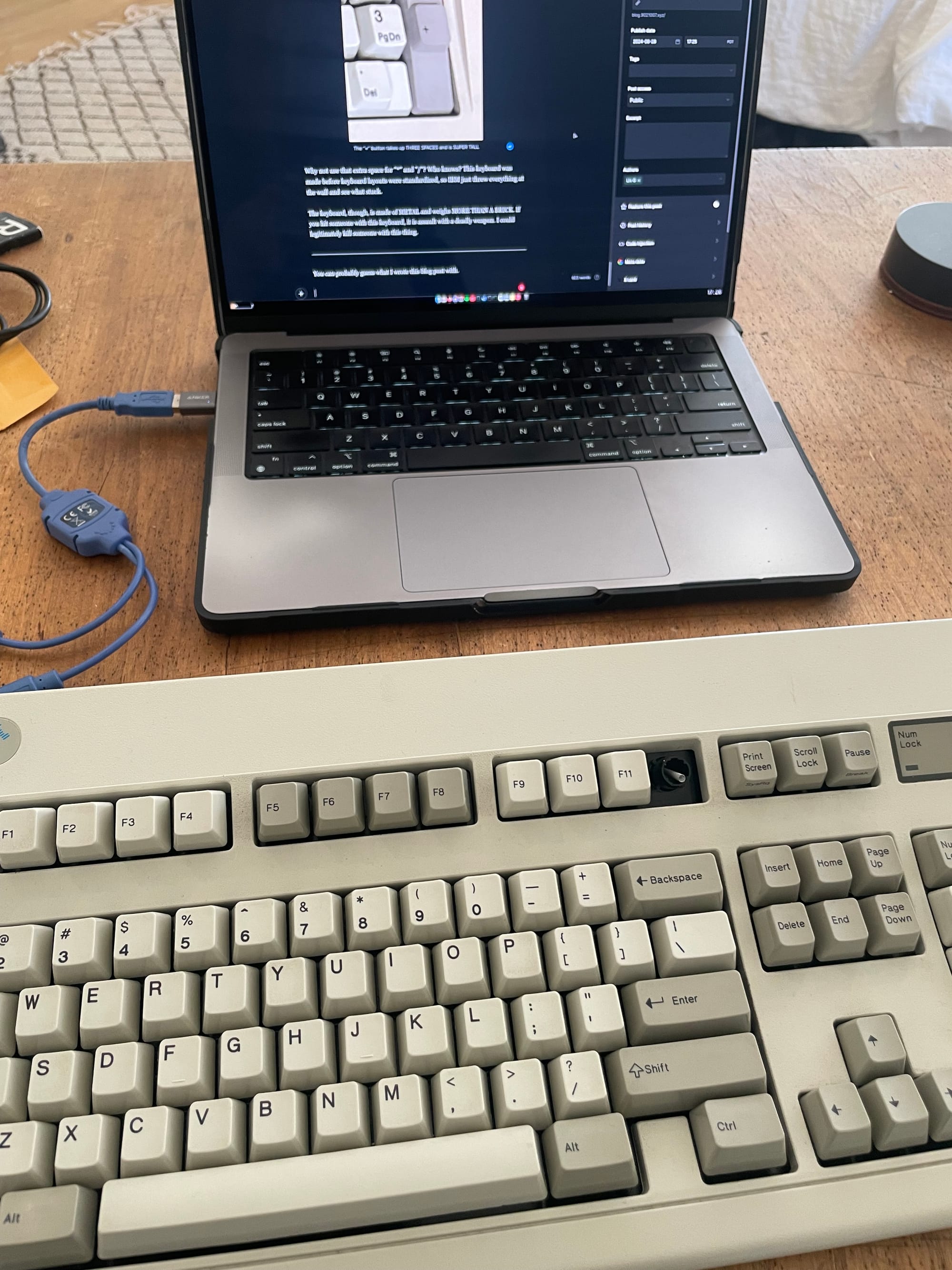 picture of macbook on desk, with IBM Model M in front of it