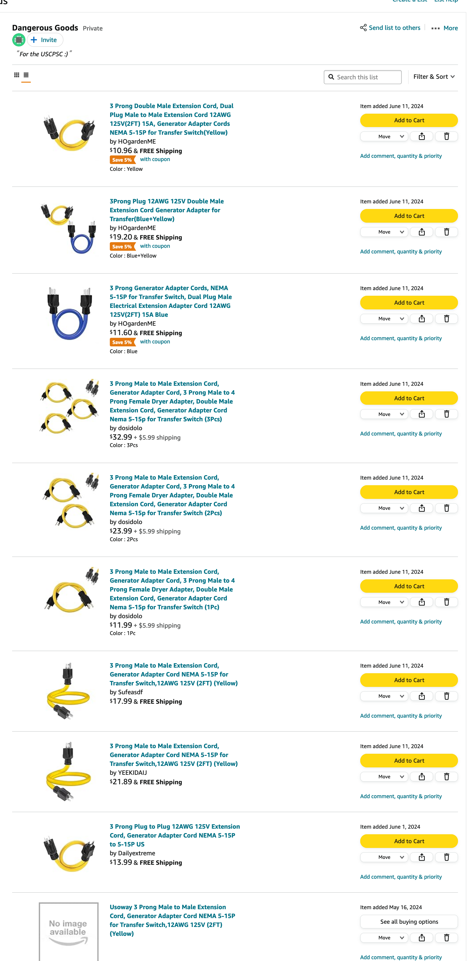 screenshot of amazon shopping list titled "dangerous goods", with 10 suicide cords and 9 available for purchase