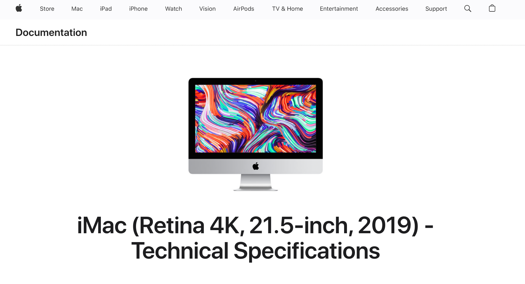 screenshot of tech specs page for iMac, Retina 4K, 21.5", 2019