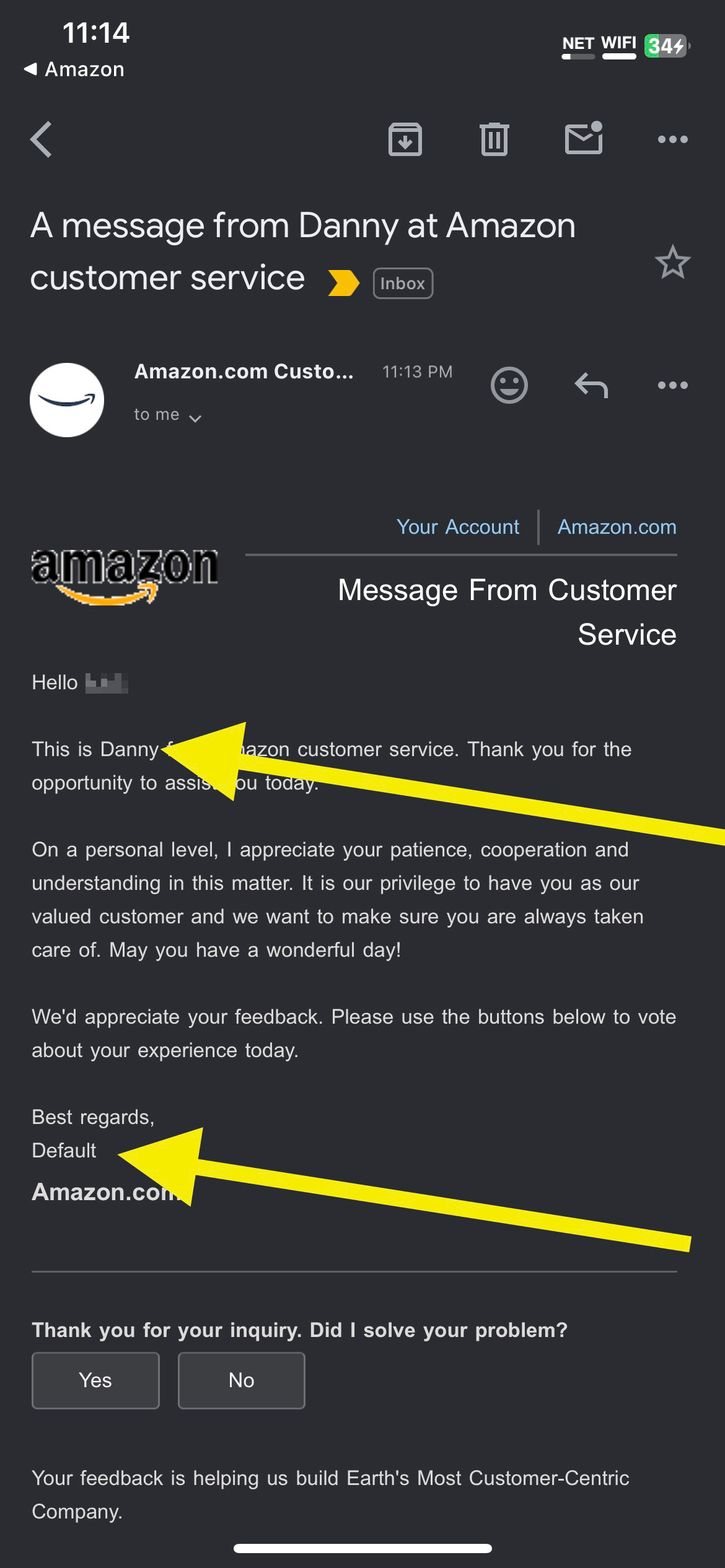 screenshot of email from Amazon, where it opens with "this is danny", and ends with "best regards, default"