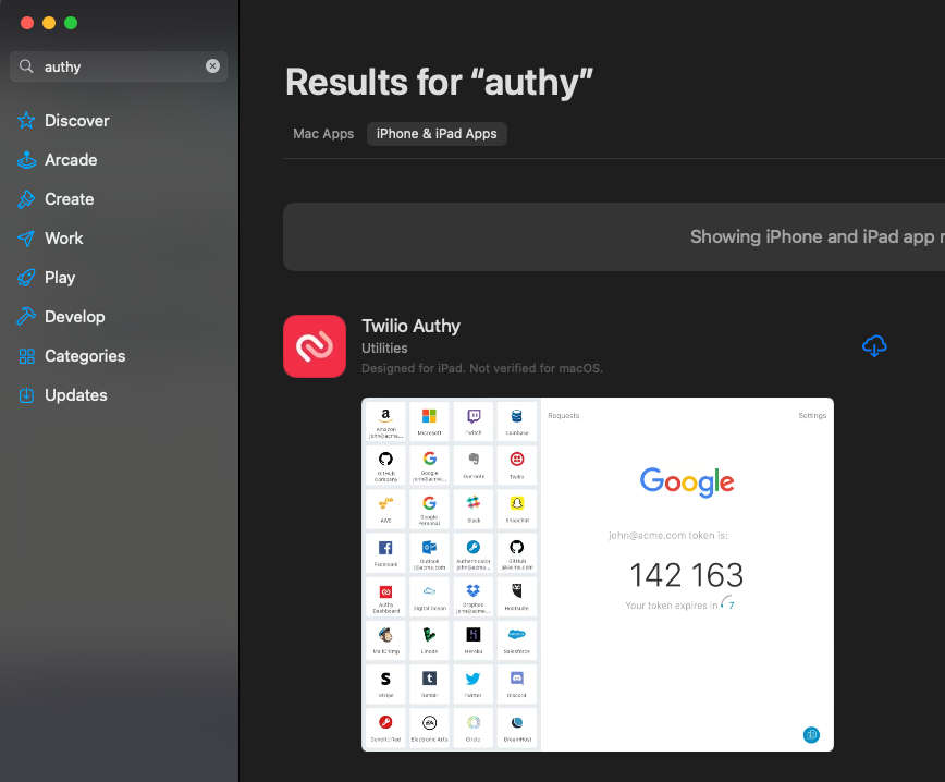 screenshot of App Store, search box says "authy", one result visible, "Twilio Authy" with note "Designed for iPad. Not verified for macOS". Available for re-download.