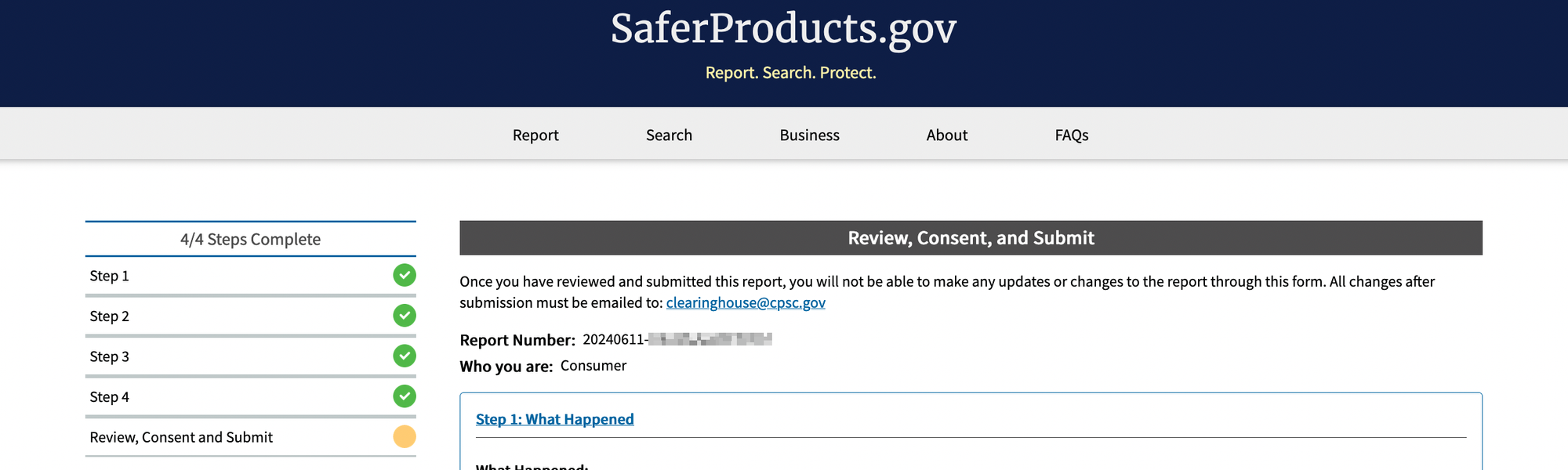 screenshot of SaferProducts.gov report website