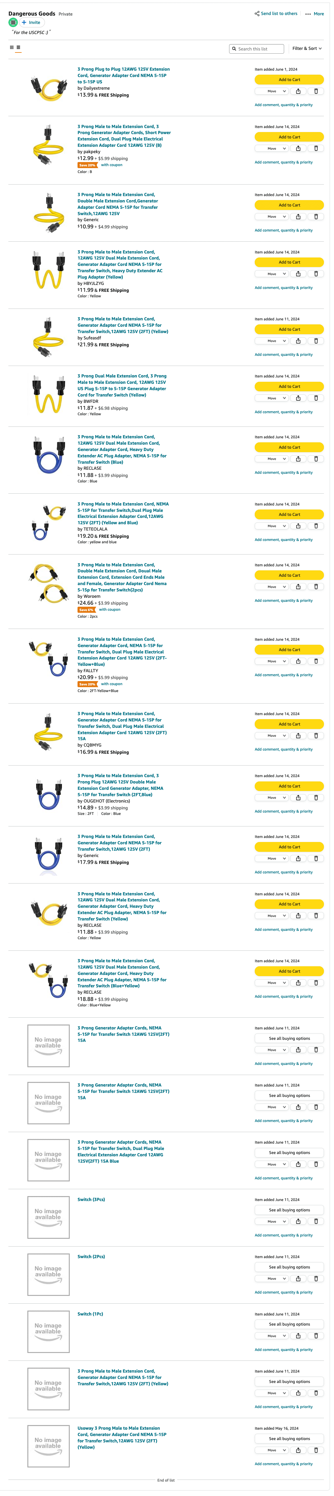 screenshot of amazon product list, 8/23 unavailable, 15/23 suicide cords available.