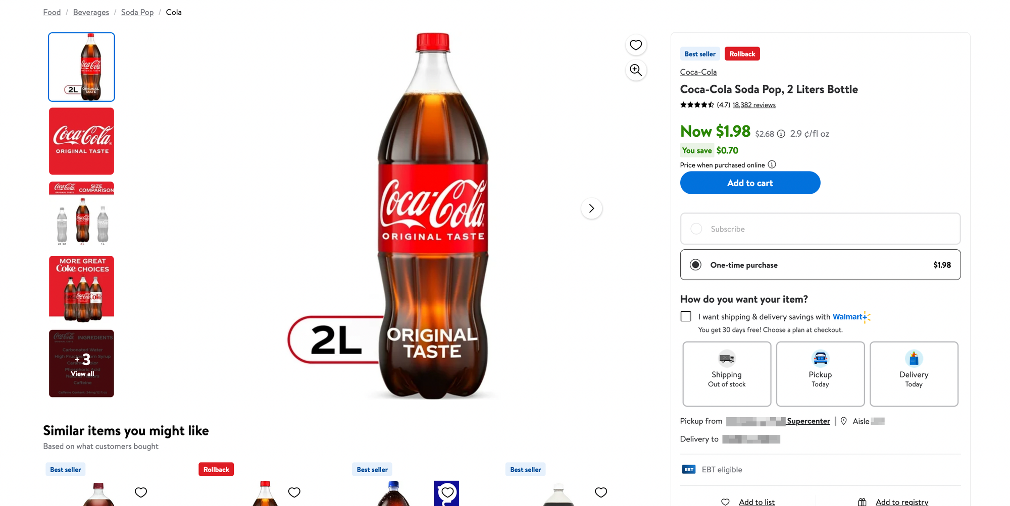screenshot of walmart product page for 2 liter coke bottle, price is $1.98