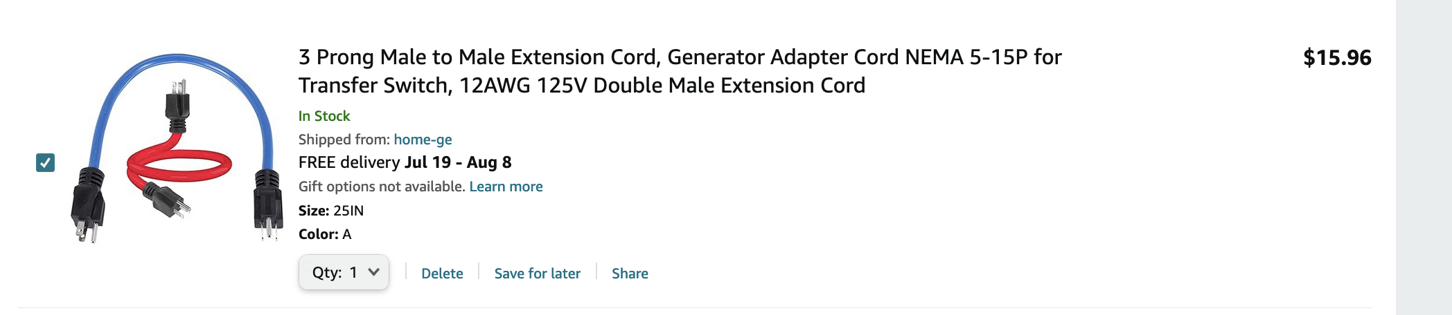 screenshot of item in amazon cart, one blue cable and one red cable in a bundle.