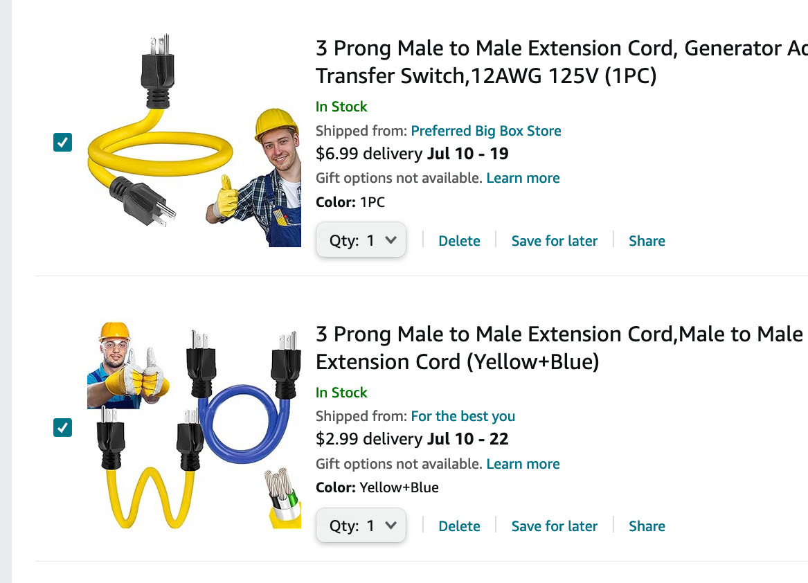 screenshot of amazon cart, 2 items in focus. first item is yellow suicide cable with stock image of construciton worker in yellow hat and gloves giving a thumbs up with one hand. Second item is a 2 pack of suicide cables, one yellow one blue, with stock photo of a different construction worker giving 2 thumbs up.