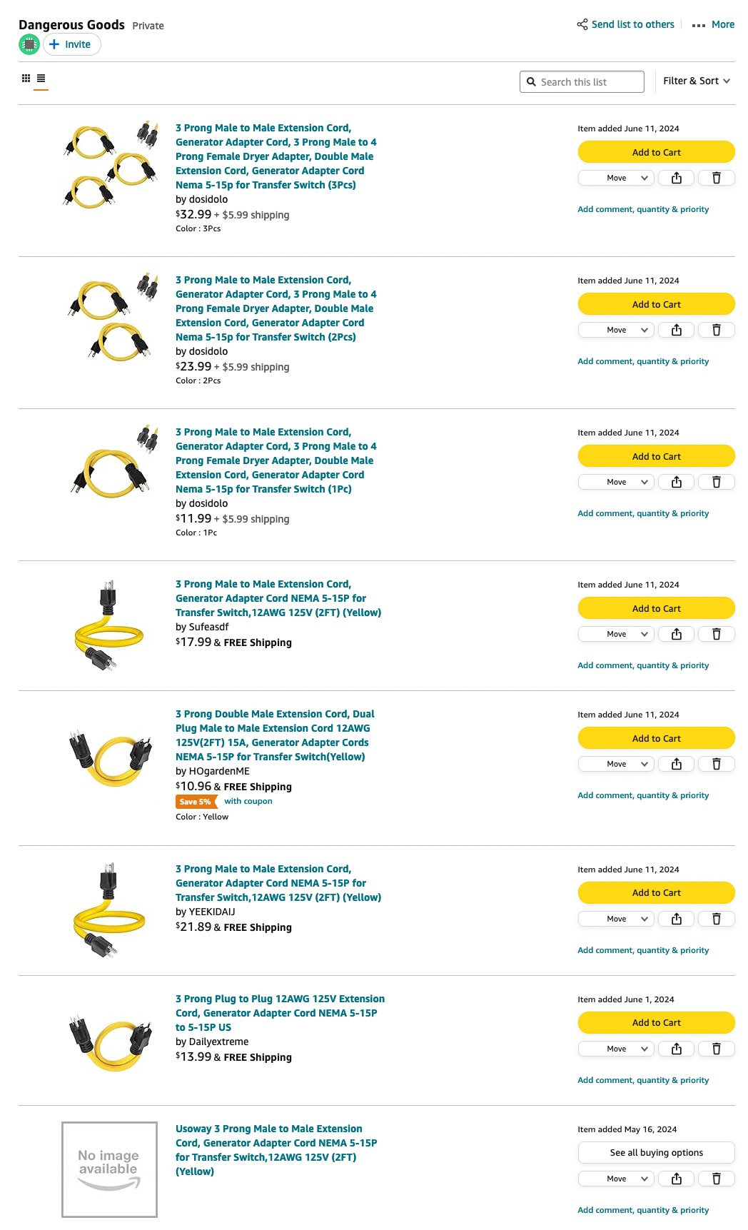 screenshot of amazon shopping list called "dangerous goods", with 8 suicide cords, 7 available for purchase.