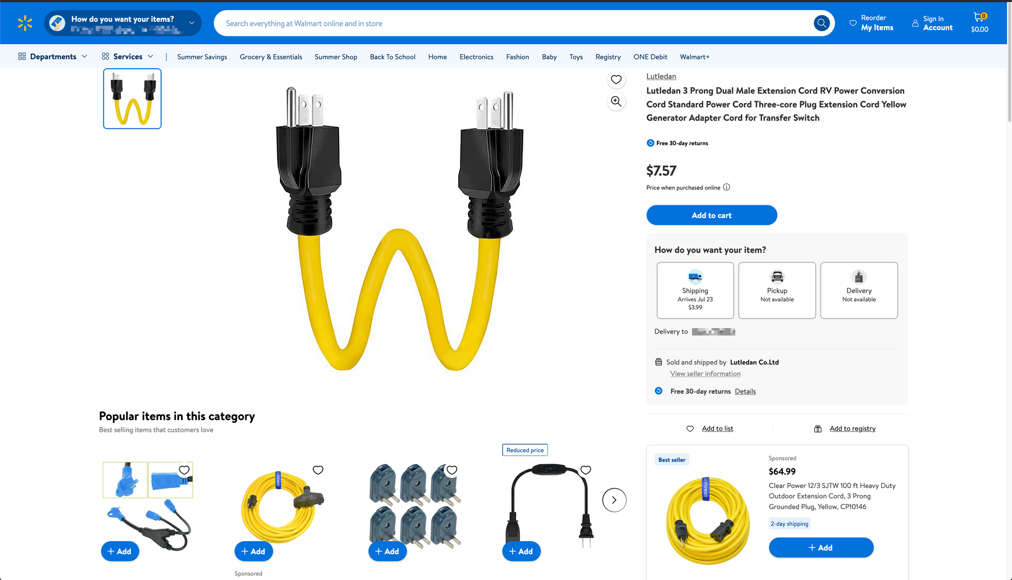 screenshot of Walmart product page, suicide cord. $7.57, from seller "Lutledan Co.Ltd"