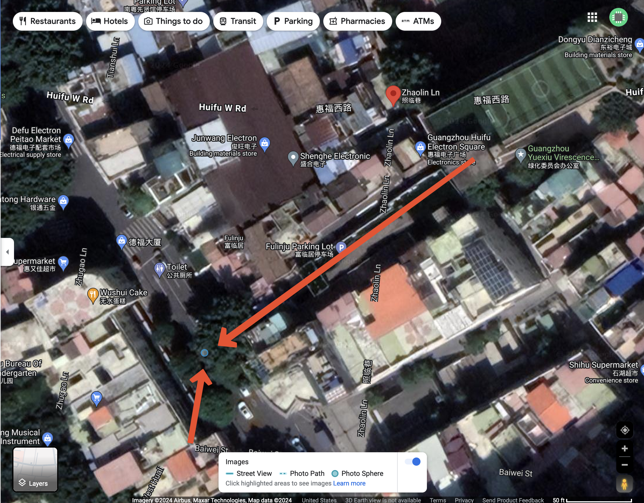 screenshot of Google Maps, 2 orange arrows pointing out a small photo sphere icon