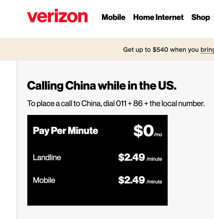 screenshot of Verizon Wireless website, titled "Calling China while in the US." For standard plans, it's $2.49 per minute to call.