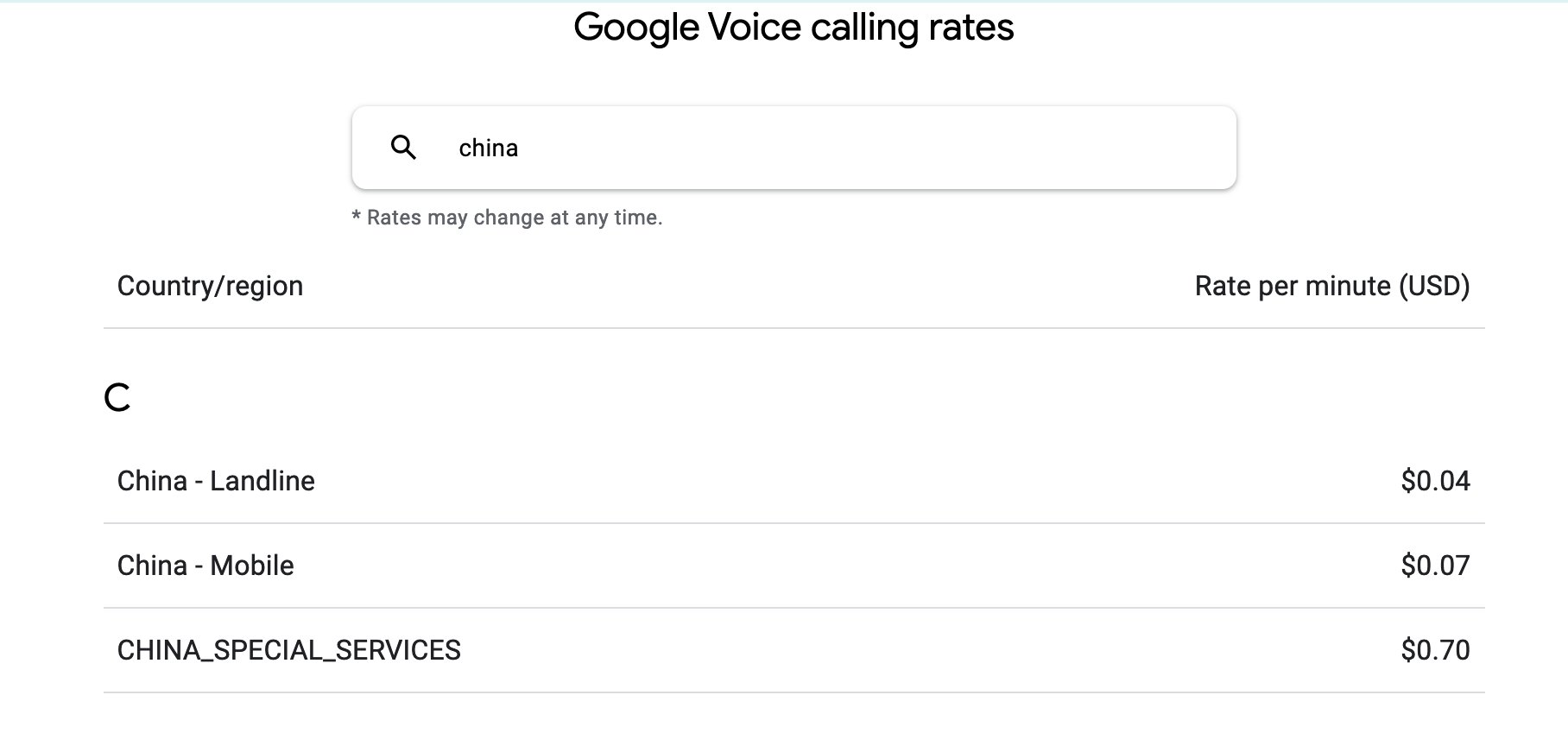 screenshot of Google Voice calling rates, calling a landline is $0.04/min, calling a mobile device is $0.07/min, and CHINA_SPECIAL_SERVICES is $0.70/min