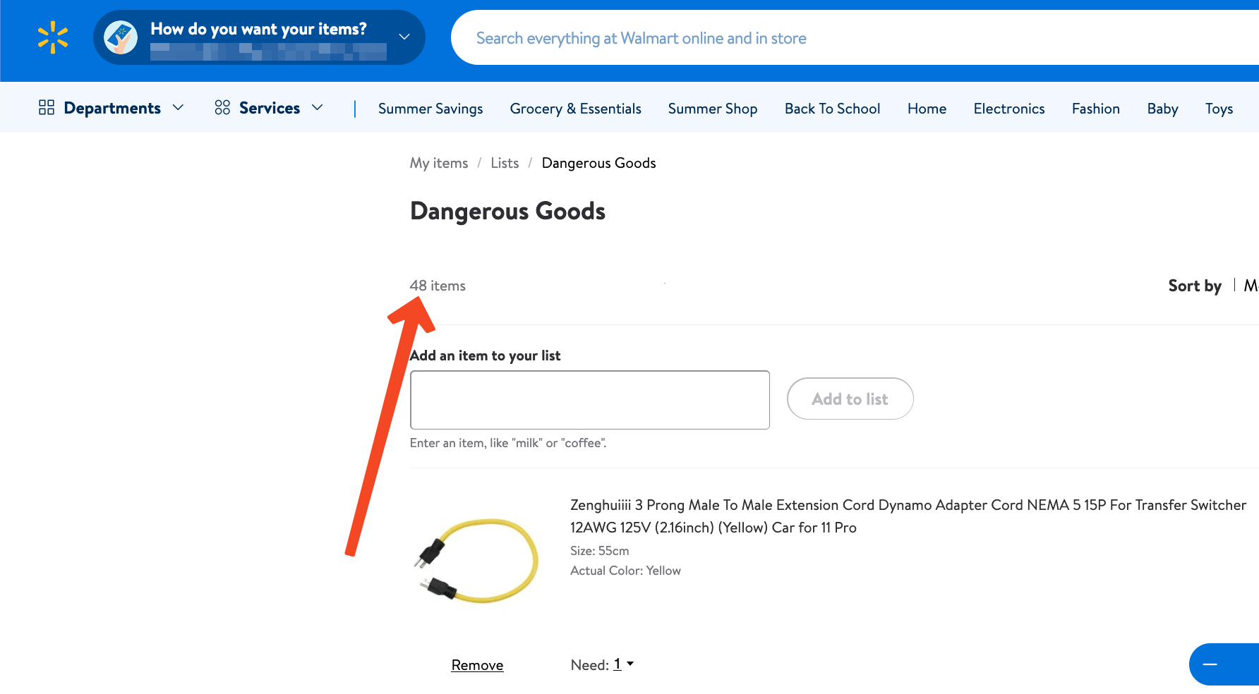 screenshot of walmart item list titled "Dangerous Goods", orange arrow pointing to "48 items"
