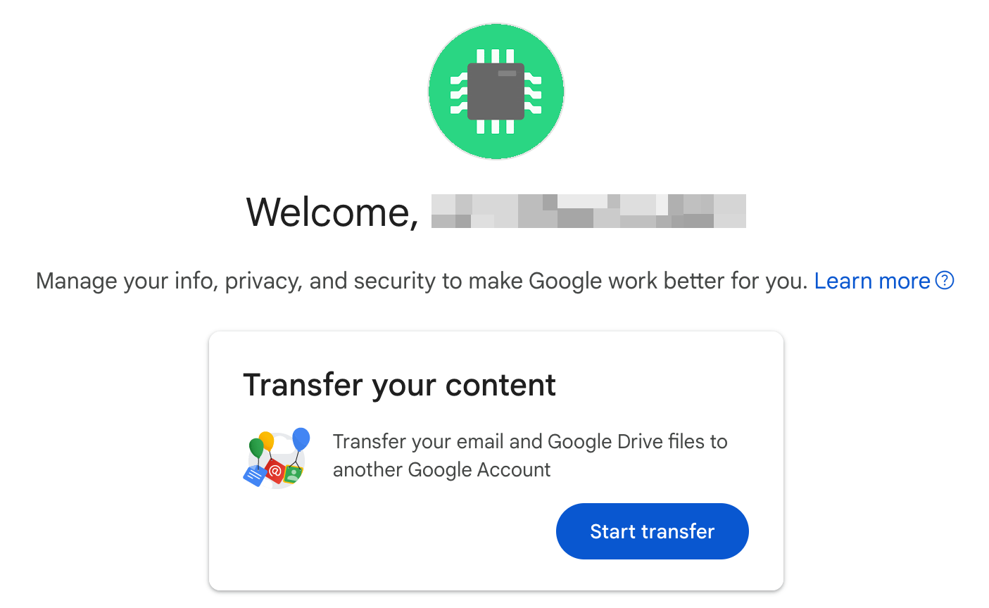 screenshot of google account settings page, showing "Transfer your content" option, with blue "Start transfer" button visible.