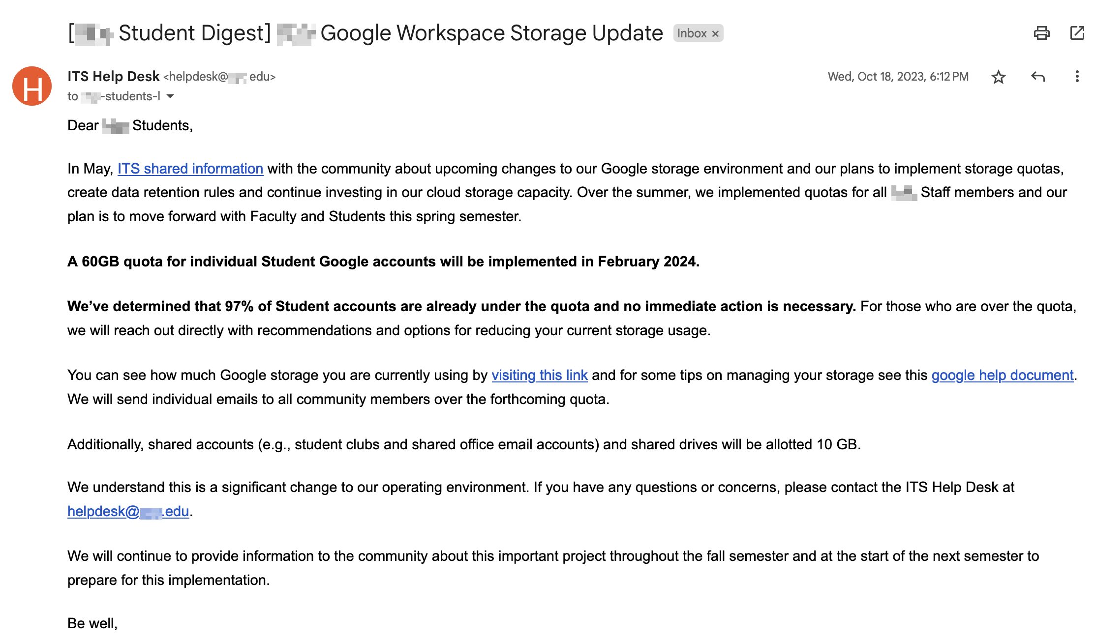 screenshot of email explaining that a storage quota will be implimented