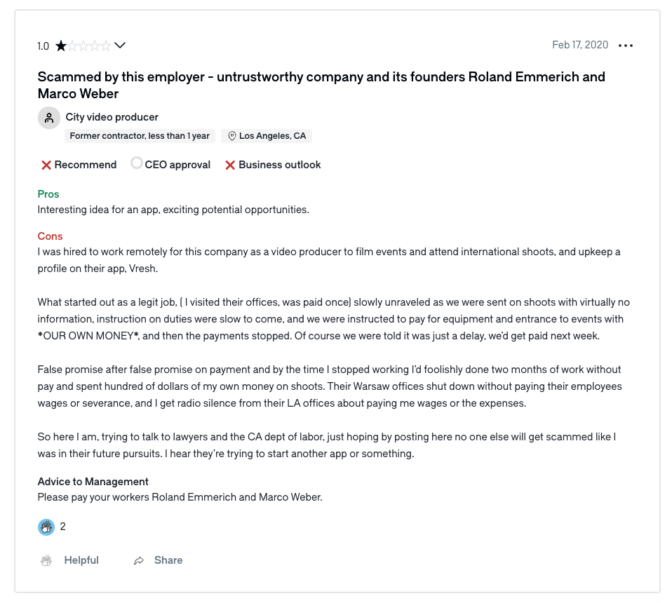 Glassdoor review accusing VRest of not paying their employees