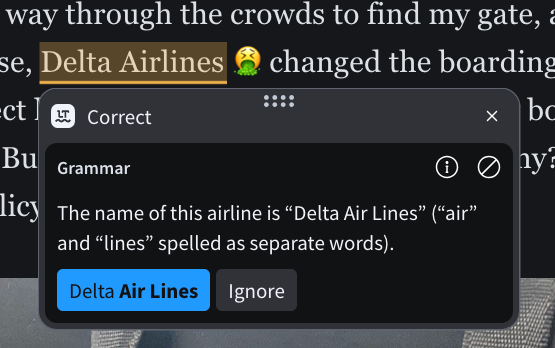 Spellcheck popup, correcting "Delta Airlines" (Combined words air and lines) to "Delta Air Lines" (separate words air and lines)