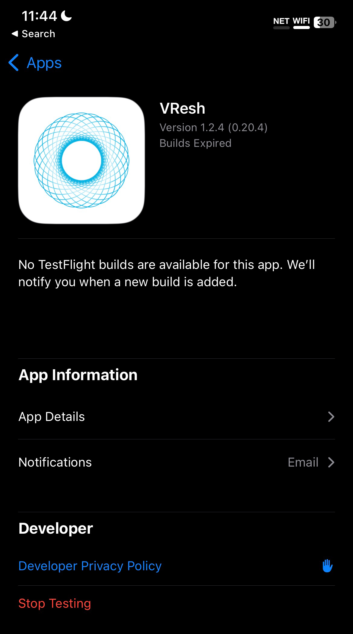 screenshot of testflight page for VResh