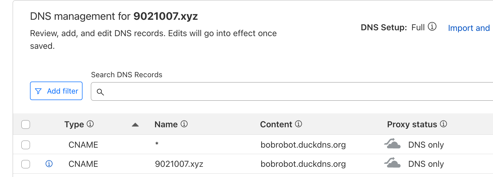 screenshot of cloudflare DNS screen. 2 CNAME records, one with a wildcard and the other with root, both pointing to bobrobot.duckdns.org