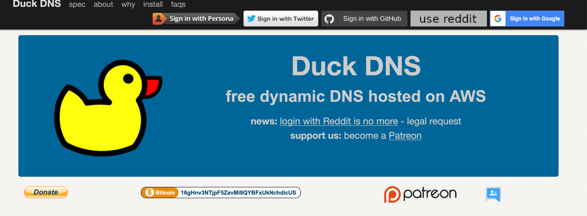 screenshot of DuckDNS homepage, which says "free dynamic DNS hosted on AWS"