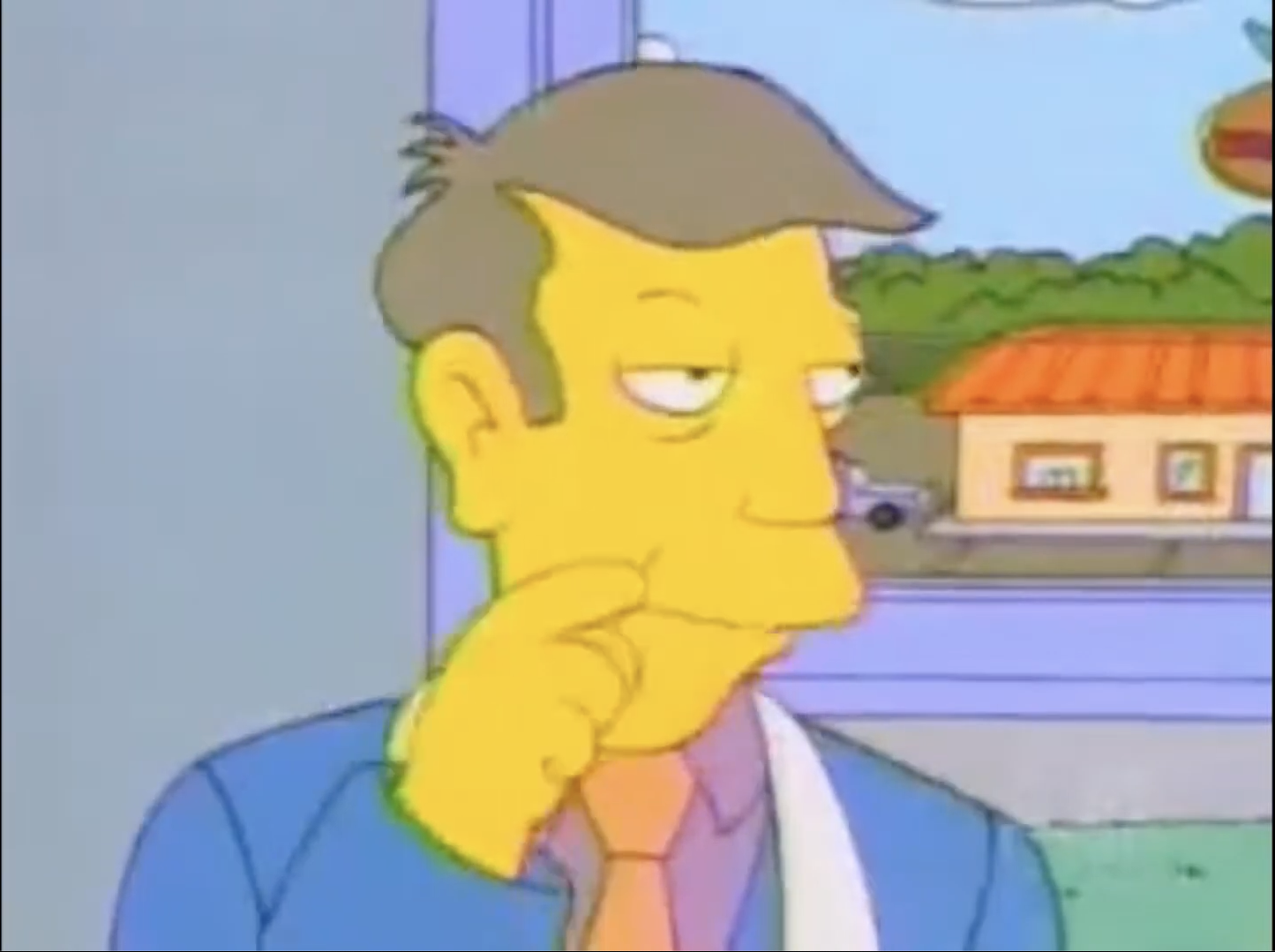 screenshot of Steamed Clams, in which Seymore thinks to himself, with Krusty Burger visible through the window in the background